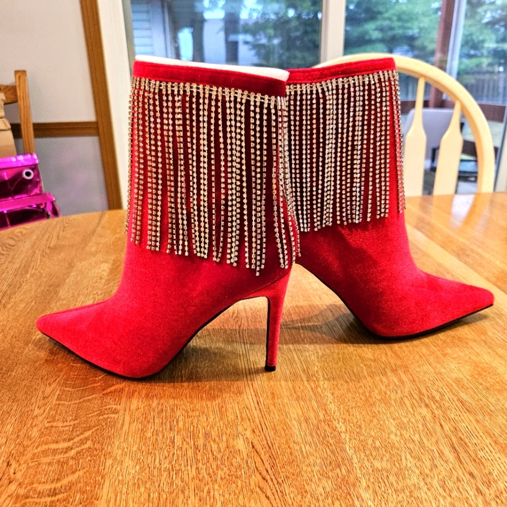 Red Stiletto Ankle Boots with Rhinestone Fringe, Sz 9, NIB
